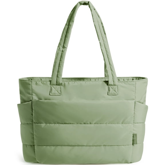 BAGSMART Tote Bag for Women, Lightweight Shoulder Bag with Compartments Puffy Handbag for Travel, Work, Beach, Gym, Shop, Green