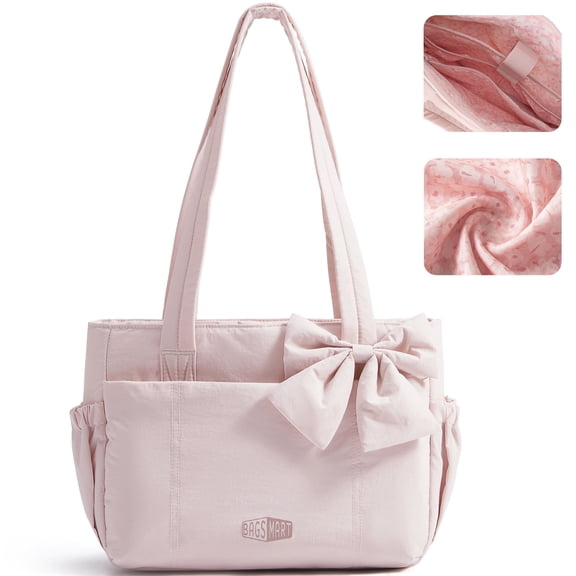 BAGSMART Crush Everyday Tote Bag for Women, Lightweight Tote Bag Casual Handbags for 13-Inch Laptop, Travel, Work, Beach, Gym, Shop, Pink with Floral Lining