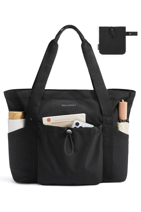 Tote Bag for Women, Tote Shoulder Bag with Laptop Compartment and Zipper Handbag for Travel, Work, Black