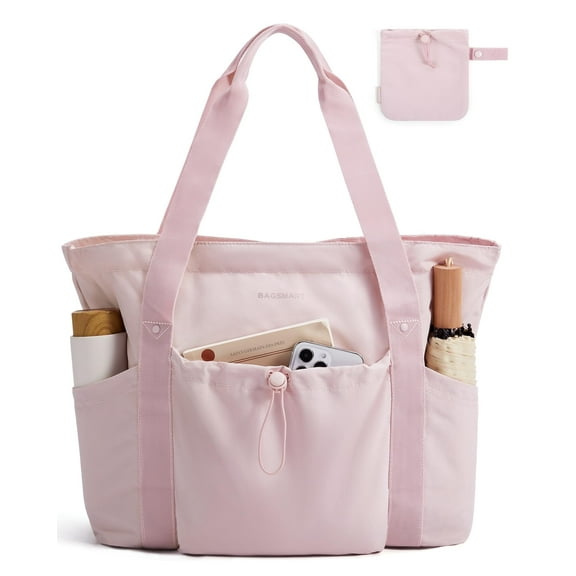 BAGSMART Tote Bag for Women, Tote Shoulder Bag with Laptop Compartment and Zipper Handbag for Travel, Work, Pink