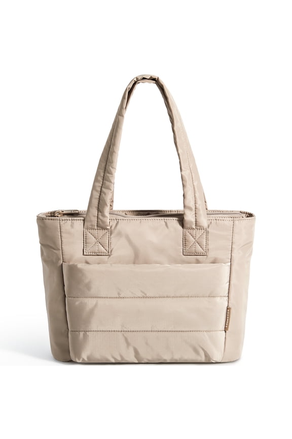 Tote Bag for Women, Lightweight Shoulder Bag with Compartments Puffy Handbag for Travel, Work, Beach, Gym, Shop, Camel-Basic