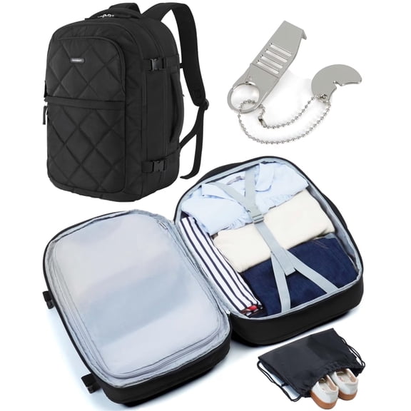 BAGSMART Travel Backpack, 30L Flight Approved Carry on Backpack with Door Lock, 17.3 Inch TSA Personal Item Backpack with Shoe Bag,Suitcase for Travel, Classic Black