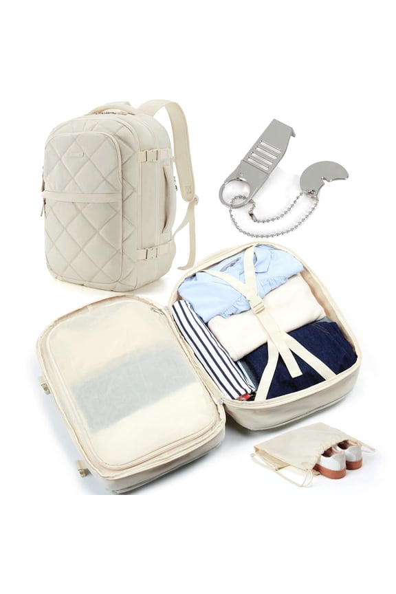 Travel Backpack, 30L Flight Approved Carry on Backpack with Door Lock, 17.3 Inch TSA Personal Item Backpack with Shoe Bag,Suitcase for Travel, Cream