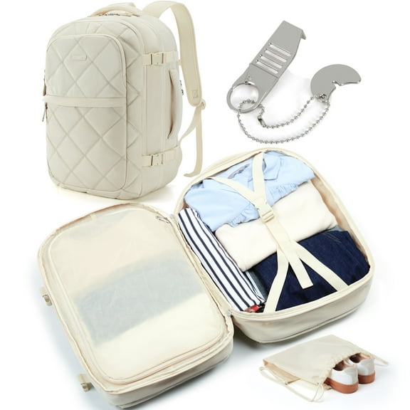 BAGSMART Travel Backpack, 30L Flight Approved Carry on Backpack with Door Lock, 17.3 Inch TSA Personal Item Backpack with Shoe Bag,Suitcase for Travel, Cream