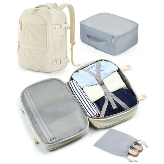 BAGSMART Travel Backpack for Women Men, 30L Carry on Backpack for Airplanes, 17.3 Inches Backpack for Women, with Shoe Bag & Storage Bag, Backpack Suitcase for Travel, Cream