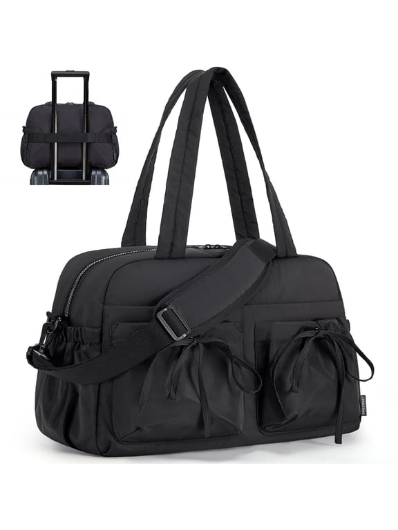Travel Duffel Bag for Women, Lightweight Fashion Tote Handbag With Bowtie, Water-Resistant Weekender Overnight Sport Gym Bag, Black