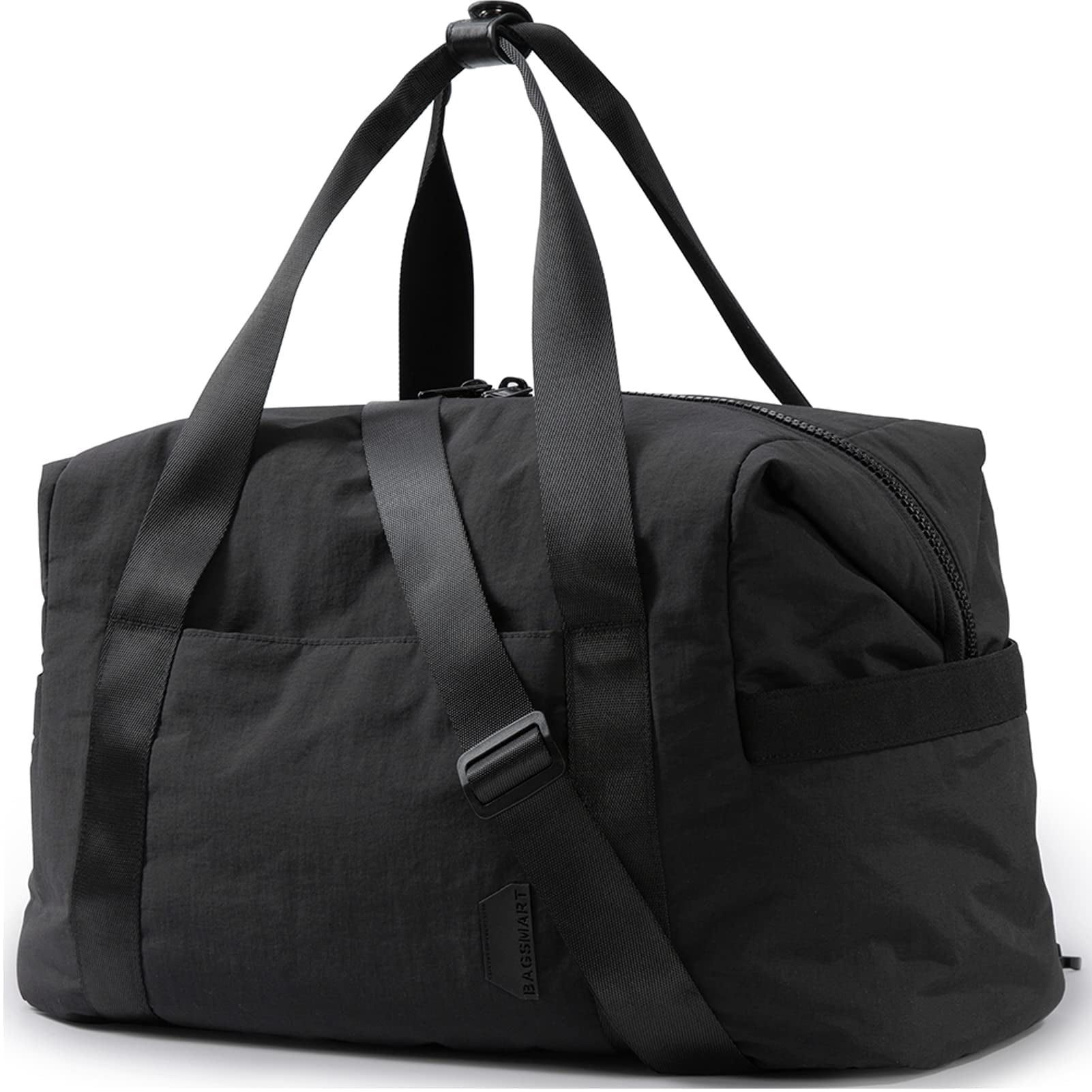 BAGSMART Travel Duffel Gym Bag for Women/Men, Weekender Carry on Overnight Bag, 30L Large Tote Bag Shoulder Handbags with Yoga Mat Bag Buckle & Trolley Sleeve, Black