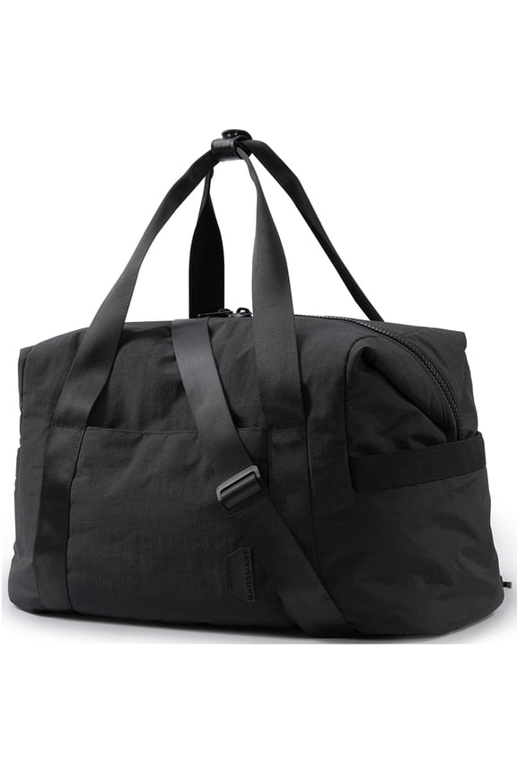 Travel Duffel Gym Bag for Women/Men, Weekender Carry on Overnight Bag, 30L Large Tote Bag Shoulder Handbags with Yoga Mat Bag Buckle & Trolley Sleeve, Black