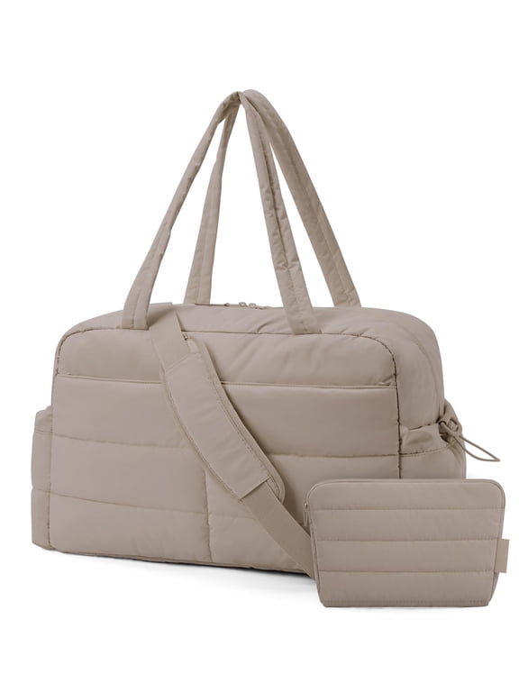 Travel Duffle Bag Gym Bag for Women, 31L Puffer Tote Bag Quilted Laptop Carry on, Weekender Overnight Bag Organizer Duffel Bag for Travel, Camel