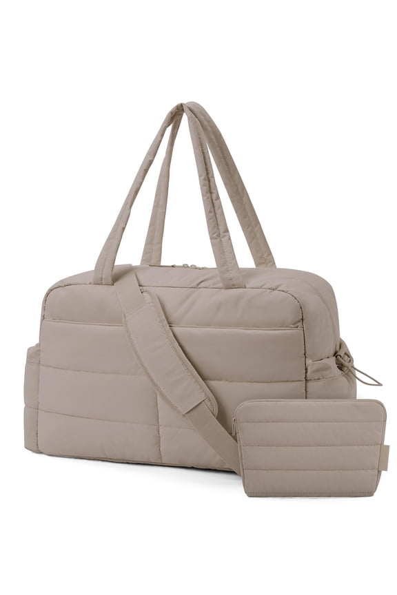 Travel Duffle Bag Gym Bag for Women, 31L Puffer Tote Bag Quilted Laptop Carry on, Weekender Overnight Bag Organizer Duffel Bag for Travel, Camel