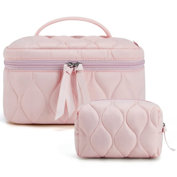 BAGSMART Travel Makeup Bag, 2-Piece Puffy Quilted Cute Make Up Bag Cosmetic Bags for Women, Large Wide-Open Toiletry Pouch Gifts for Toiletries Accessories Travelling Essentials, Pink
