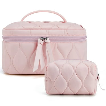 BAGSMART Travel Makeup Bag, 2-Piece Puffy Quilted Cute Make Up Bag Cosmetic Bags for Women, Large Wide-Open Toiletry Pouch Gifts for Toiletries Accessories Travelling Essentials, Pink