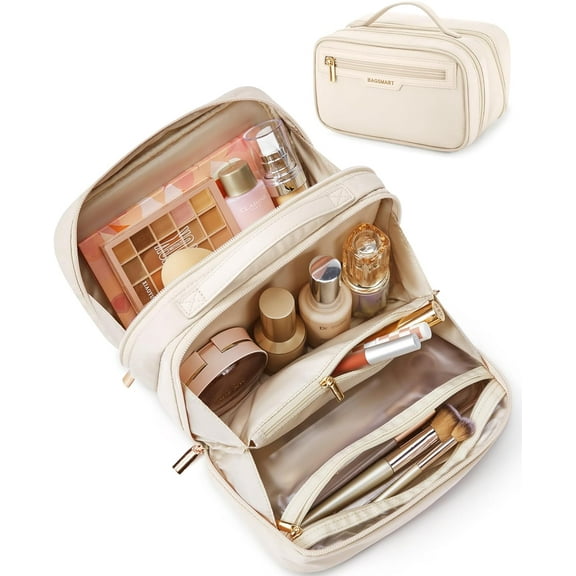 BAGSMART Travel Makeup Bag, Make Up Bag with Multiple Compartments for Organizer, Durable & Compact Cosmetic Organizer for Women for Travel Accessories (Beige)