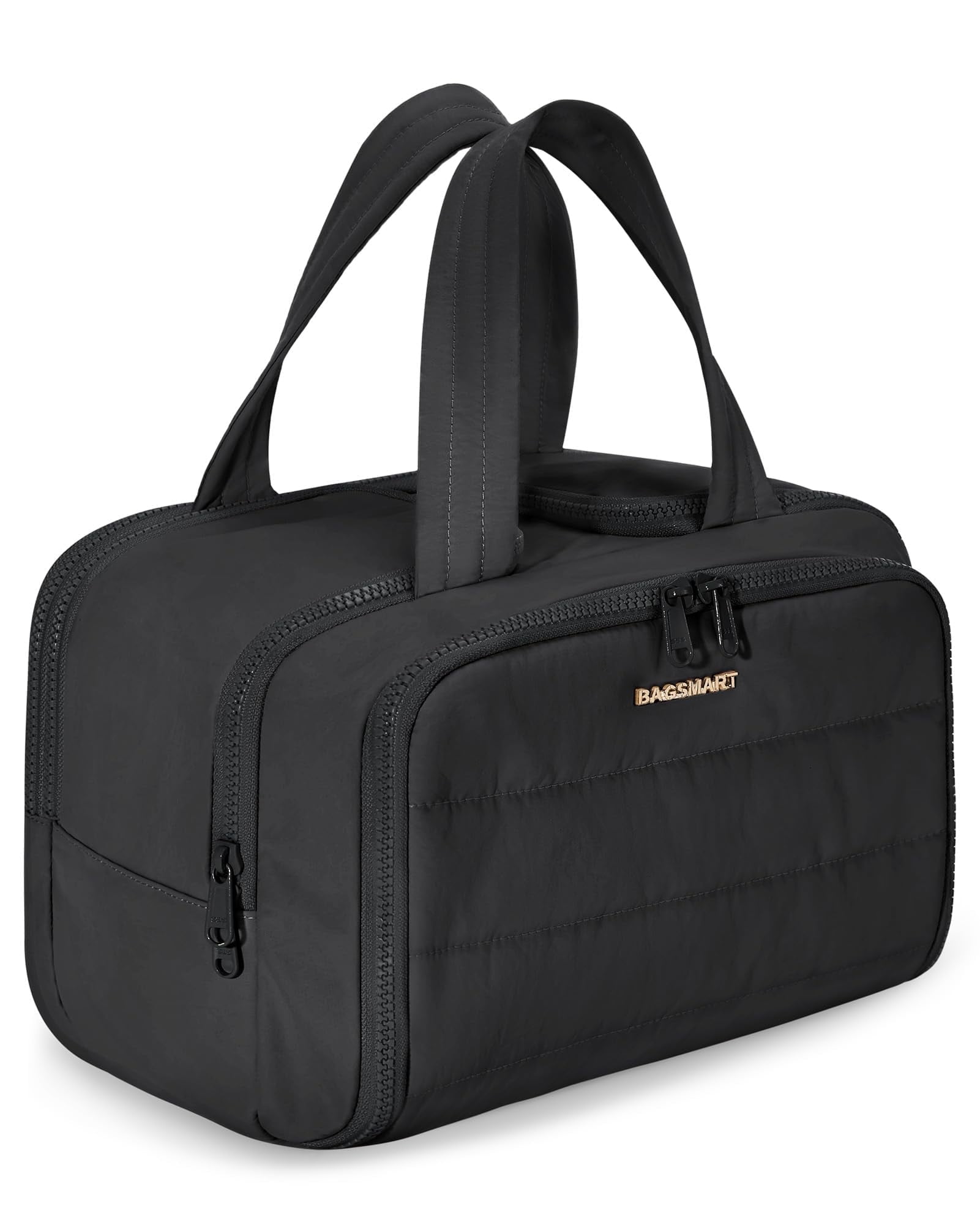 BAGSMART Travel Toiletry Bag, Lightweight Large Wide-open Travel Bag for Women, Puffy Cosmetic Makeup Bag Organizer with Handle for Accessories,Essentials, Toiletries, Black
