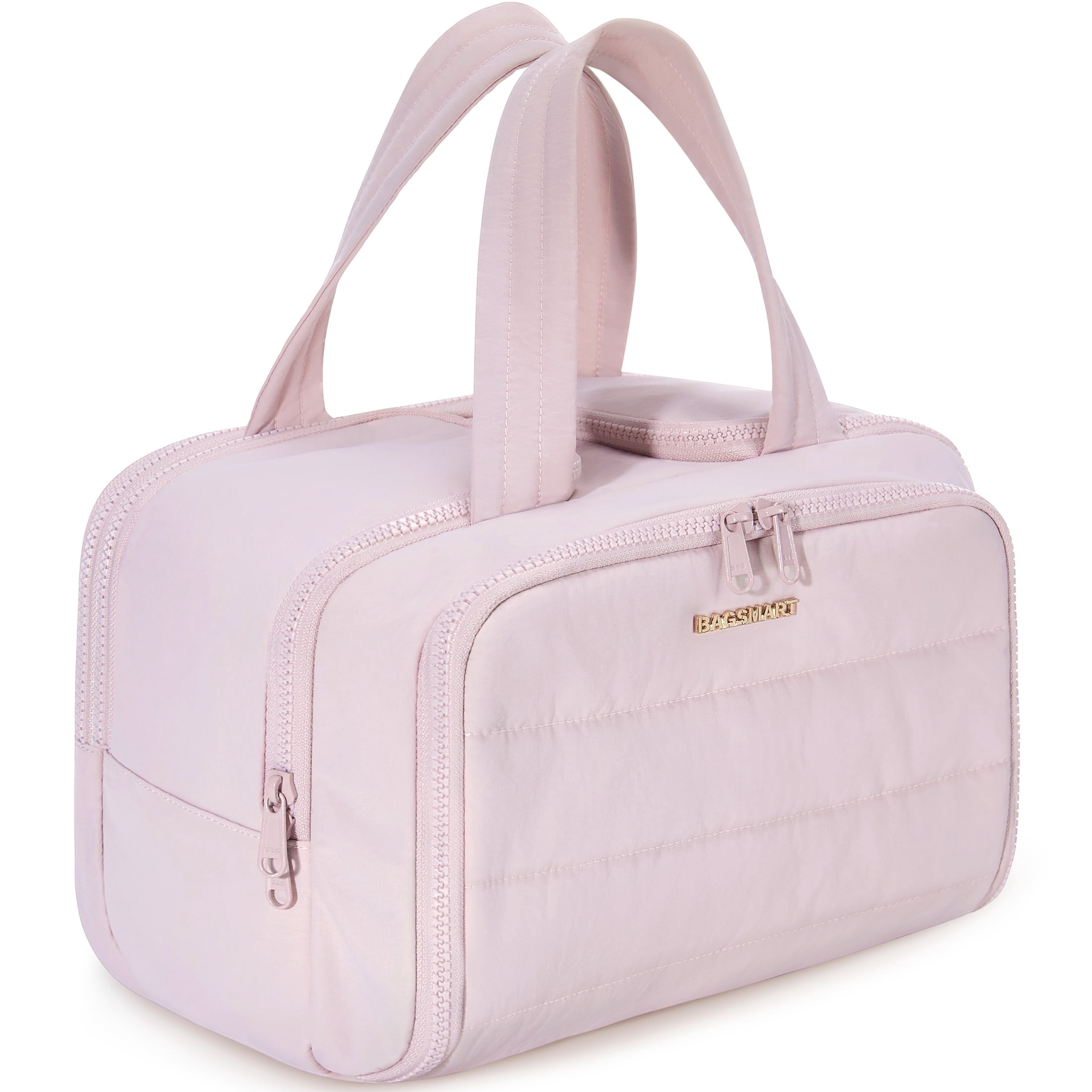 BAGSMART Crush Toiletry Bag for Travel, Lightweight Large Wide-open Travel Bag for Women, Puffy Cosmetic Makeup Bag Organizer with Handle for Accessories,Essentials, Toiletries, Pink