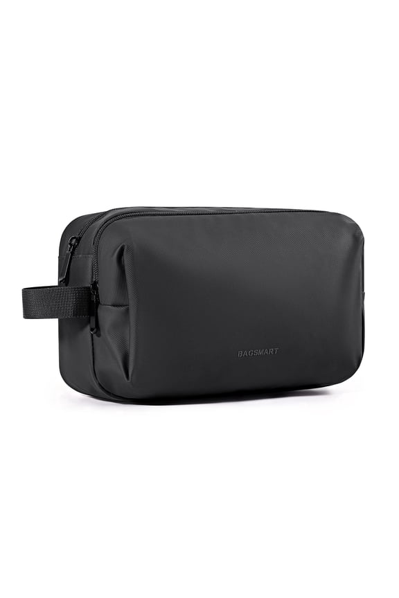 Travel Toiletry Bag for Men, Small Makeup Cosmetic Bag with Double Zippers & Handle, Water Resistant Shaving Pouch Organizer Dopp Kit for Toiletries Accessories, Black