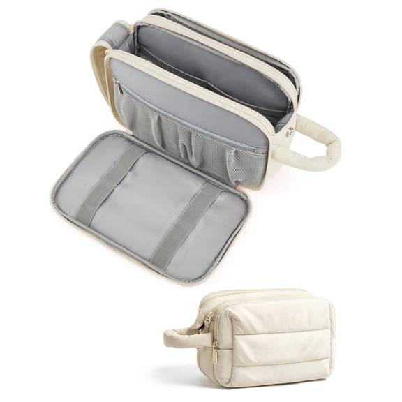 BAGSMART Travel Toiletry Bag for Women, Puffy Cosmetic Makeup Bag Organizer, Large Wide-open Travel Organizer for Toiletries, Dopp Kit Water-resistant Makeup Case for Accessories, Cream