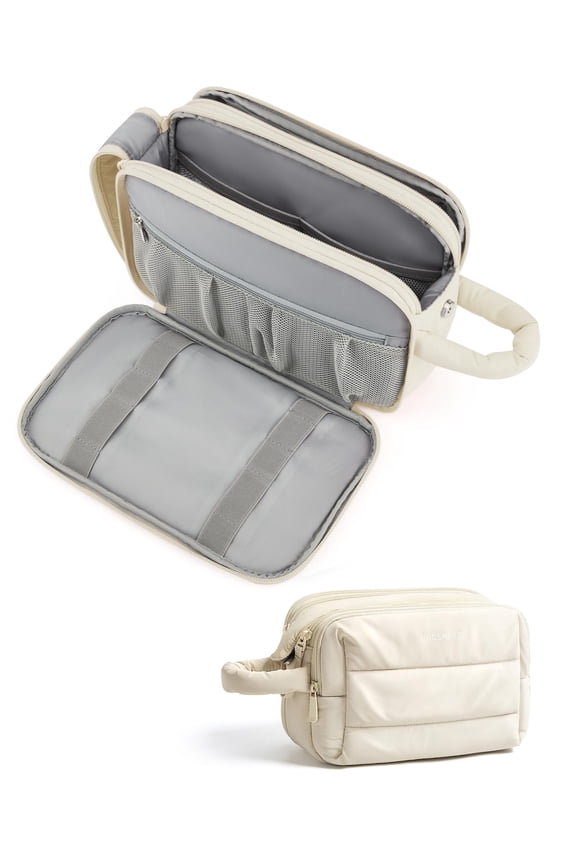 Travel Toiletry Bag for Women, Puffy Cosmetic Makeup Bag Organizer, Large Wide-open Travel Organizer for Toiletries, Dopp Kit Water-resistant Makeup Case for Accessories, Cream