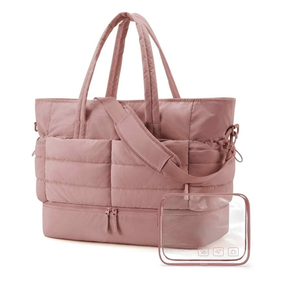 BAGSMART 48L Large Travel Duffel Bag with Shoe Compartment, Puffer Carry-On Gym Weekender Bag for Women, Dark Pink