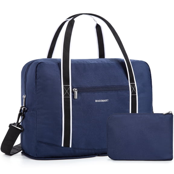 BAGSMART Expandable Travel Duffel Bag for Airline 18x14x8, Foldable Weekend Overnight Bag Tote Carry on Luggage, Unisex, Blue
