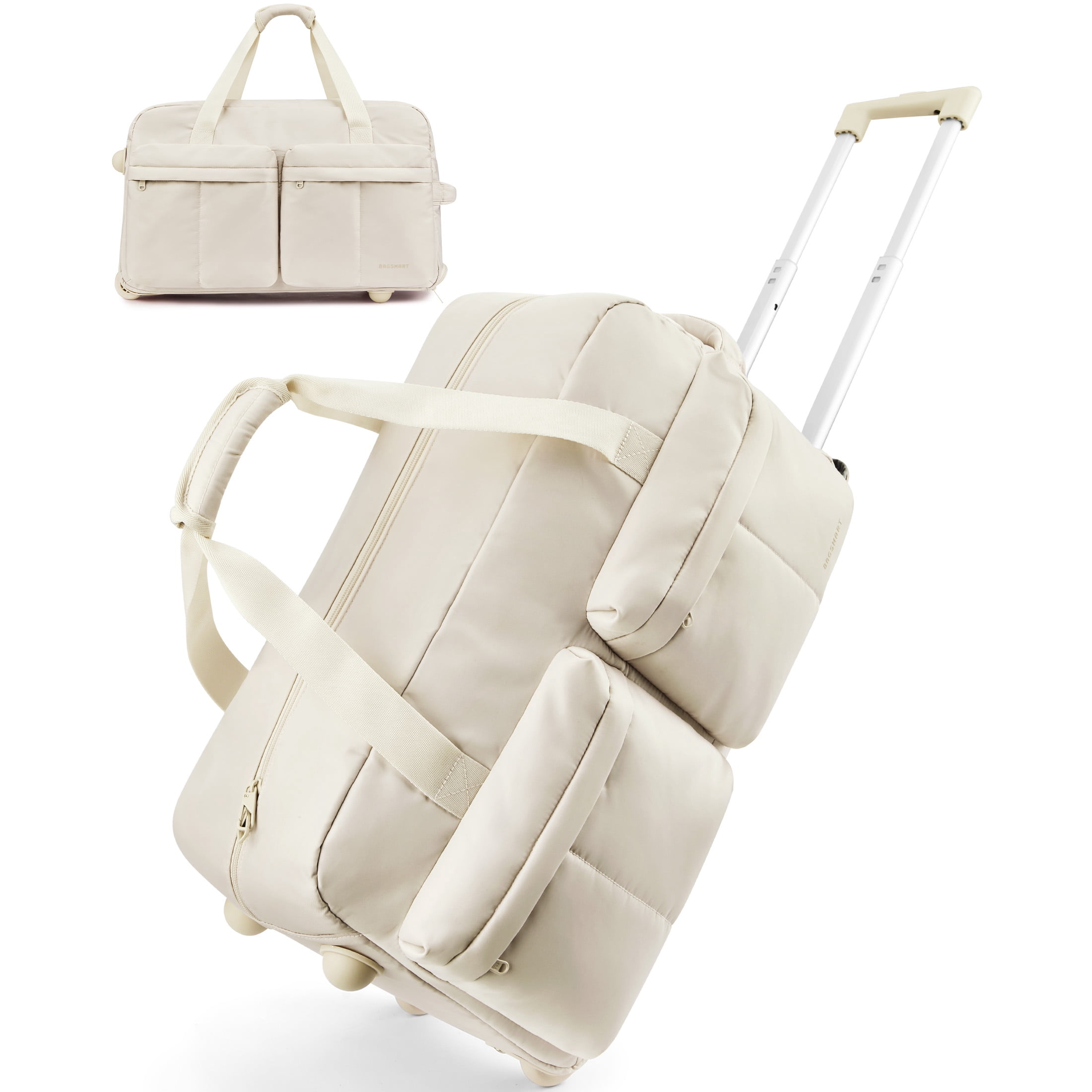 BAGSMART Rolling Duffle Bag with Wheels, Carry On Wet Pocket Duffel for Travel with Handle, Cream