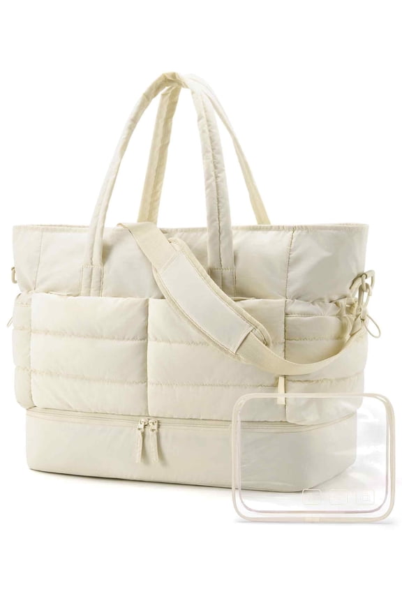 48L Large Travel Duffel Bag with Shoe Compartment, Puffer Carry-On Gym Weekender Bag for Women, Cream