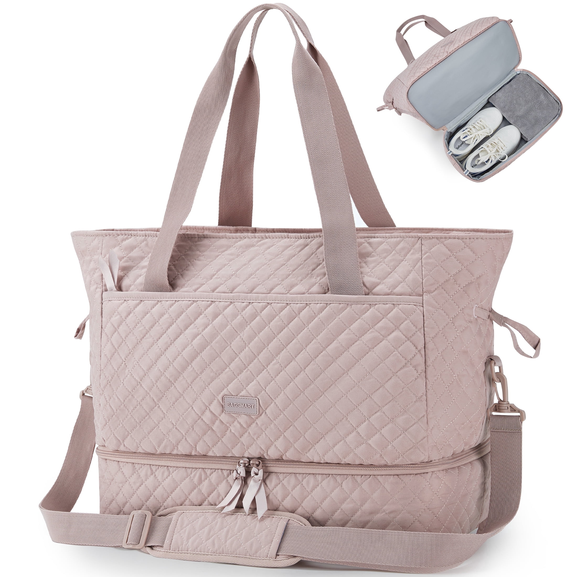 BAGSMART Weekender Overnight Bag, 39L Large Travel Duffle Tote Bag, Fashion Carry On Gym Bag Water-Resistant Shoulder Handbags with Shoe Compartment, Pink