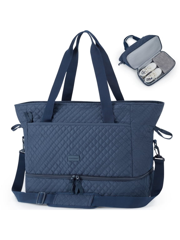 Weekender Overnight Bag, 39L Large Travel Duffle Tote Bag, Fashion Carry On Gym Bag Water-Resistant Shoulder Handbags with Shoe Compartment, Navy Blue