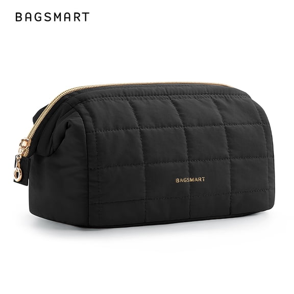 BAGSMART Wide-open Makeup Bag Cosmetic Pouch Organizer Travel Toiletry Bag Essentials Accessories for Women, Quilted Black