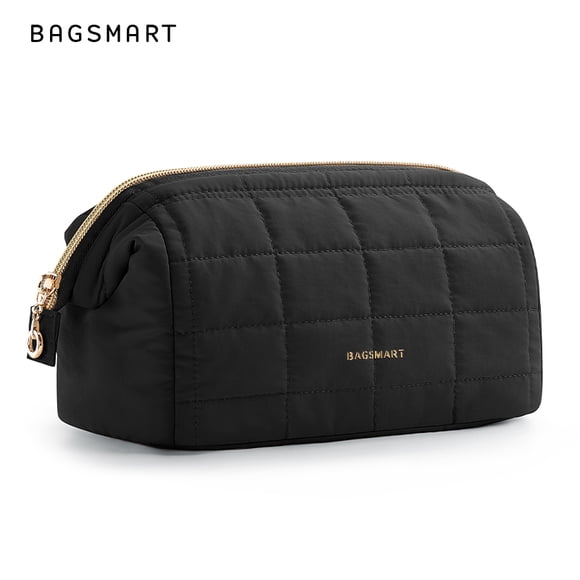 BAGSMART Wide-open Makeup Bag Cosmetic Pouch Organizer Travel Toiletry Bag Essentials Accessories for Women, Quilted Black