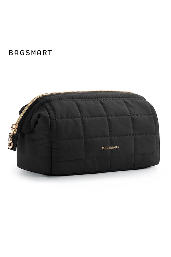 Wide-open Makeup Bag Cosmetic Pouch Organizer Travel Toiletry Bag Essentials Accessories for Women, Quilted Black