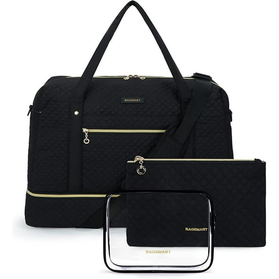 BAGSMART Women's Quilted Duffle Weekender 3-Piece Set, Black, 3-Piece