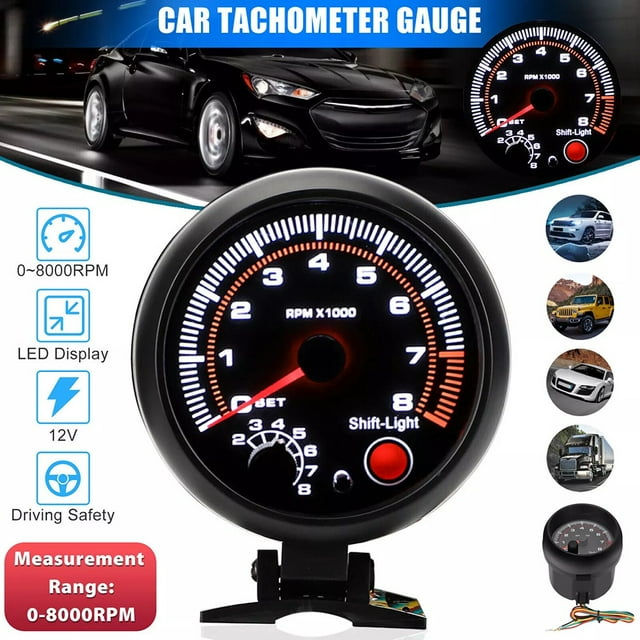 BAGUER 3.75" 12V Car Tachometer Gauge Meter with LED Shift Light 08000