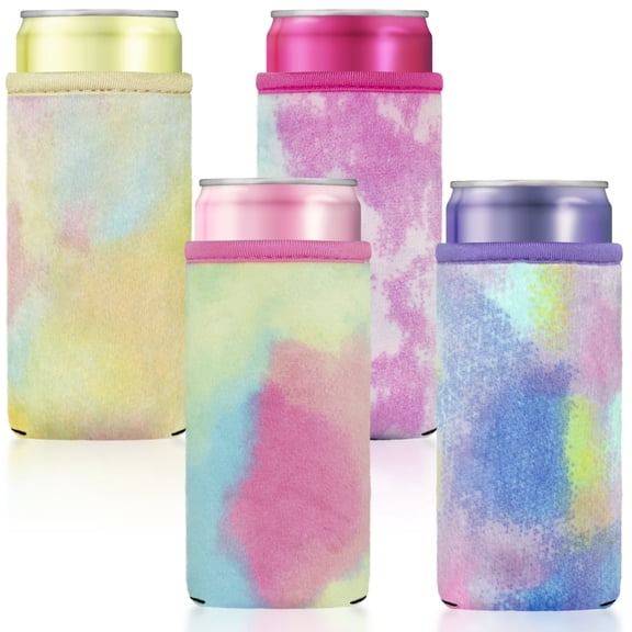 BAGnoREGio 4-Pack Faux Fur Neoprene 12oz Slim Beverage Can Cooler Sleeves (Rainbow Multi color)