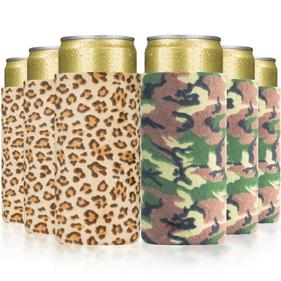BAGnoREGio 6 Pack Insulated Velvet Slim Can Cooler - Soft Fluffy Neoprene 12 oz Skinny Beverage Sleeve Holder (Leopard/Camo)