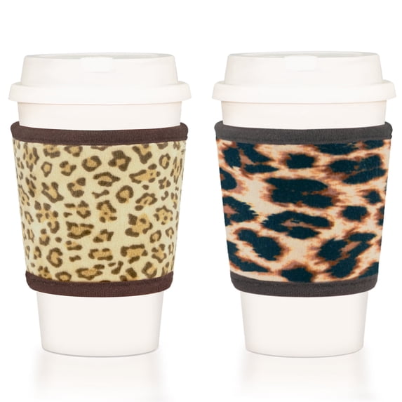 BAGnoREGio Soft Crystal Velvet Coffee Sleeve 2-Pack, Reusable Insulated Cozy for Hot & Iced Drinks(Leopard Pattern)