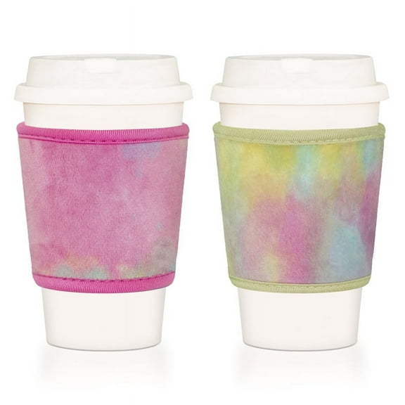 BAGnoREGio Soft Crystal Velvet Coffee Sleeve 2-Pack, Reusable Insulated Cozy for Hot & Iced Drinks(Yellow/Pink)