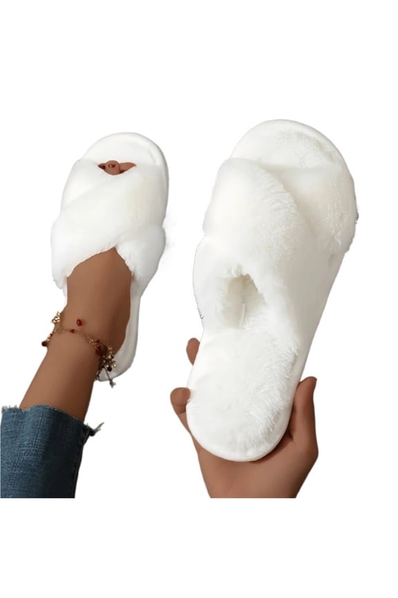 Cross Warm Fluffy Furry Slippers Women Lightweight Flat Heels Fur Slides Woman Autumn Winter Open Toe Non Slip Home Floor Shoes