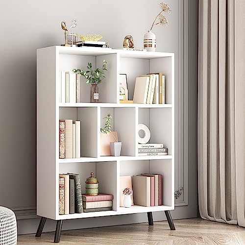BAIDABIULIFE White 7 Cube Bookshelf 3 Tier MidCentury Modern Bookcase