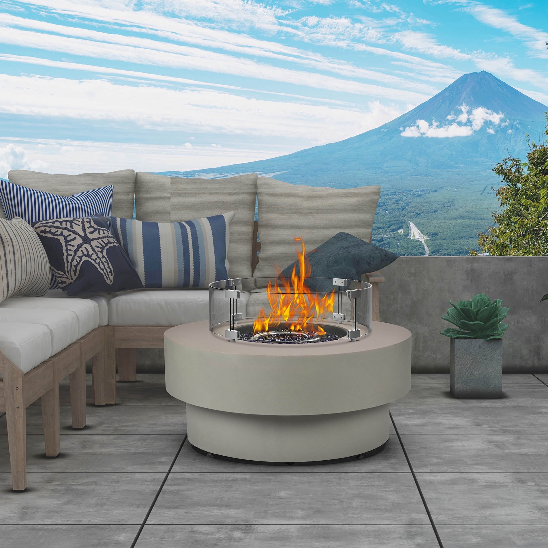 BAIDE HOME 32.5" Low Profile Propane Fire Pit Table, 50,000 BTU Outdoor Gas Fire Pit with Lid, Glass Rocks, Cover, Wind Glass Shield