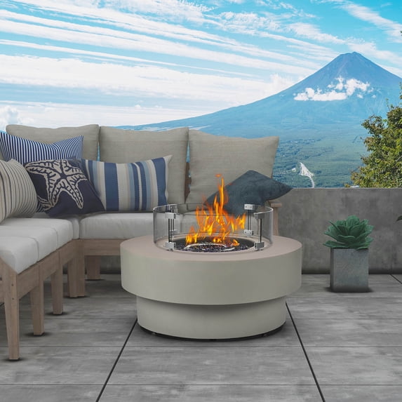 BAIDE HOME 32.5" Low Profile Propane Fire Pit Table, 50,000 BTU Outdoor Gas Fire Pit with Lid, Glass Rocks, Cover, Wind Glass Shield