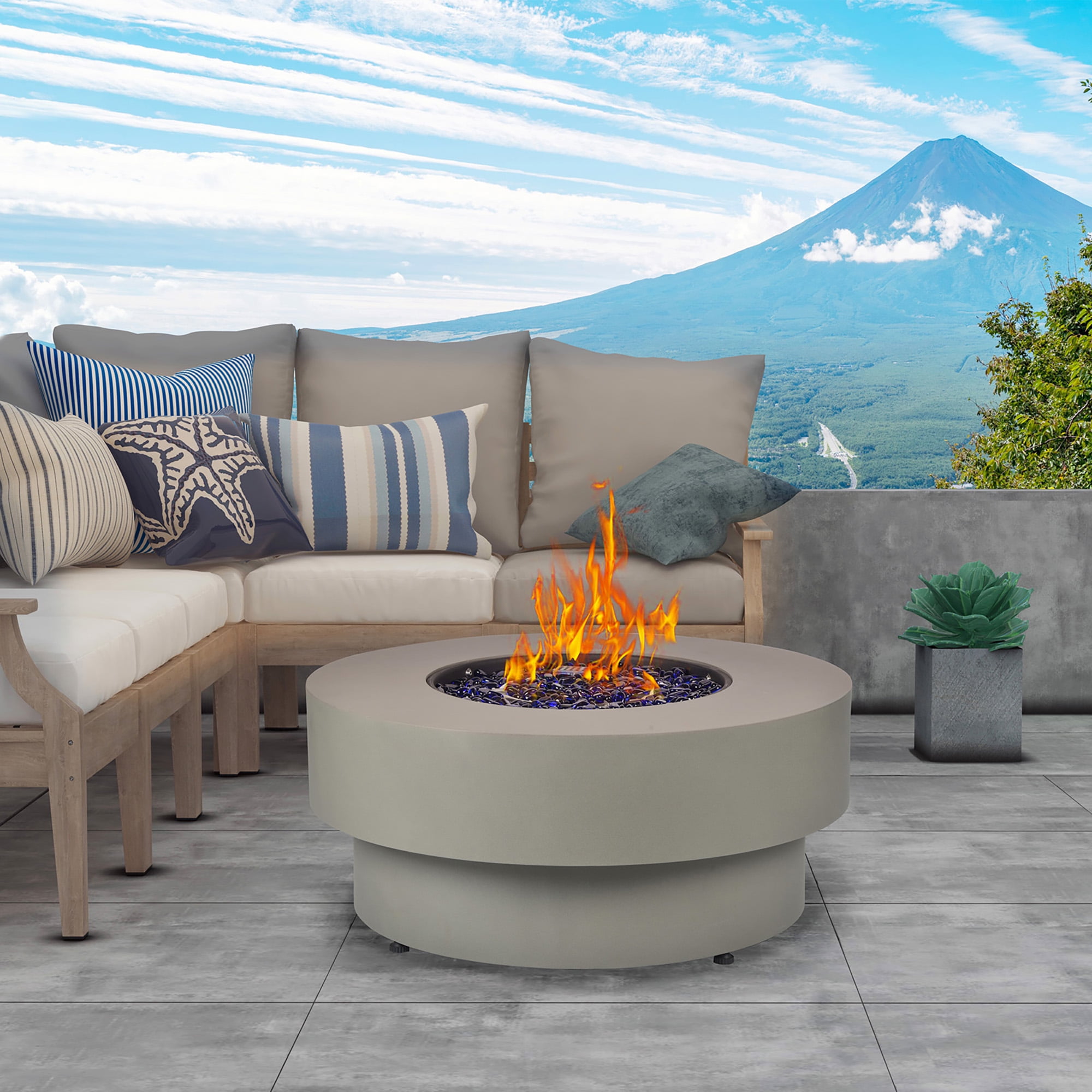 BAIDE HOME 32.5 Round 50,000 BTU Gas Fire Pit Table for Outdoor Patio  Garden Backyard Decking with Lid, Fire Glass, Cover, 10FT Propane Hose
