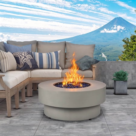 BAIDE HOME 32" Round Steel Low Profile Propane Fire Pit Table, 50,000 BTU Outdoor Gas Fire Pit with Lid, Glass Rocks, Cover, Pre-attached 10ft Propane Hose