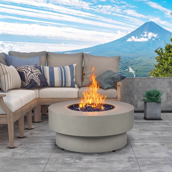 BAIDE HOME 32" Round Steel Low Profile Propane Fire Pit Table, 50,000 BTU Outdoor Gas Fire Pit with Lid, Glass Rocks, Cover, Pre-attached 10ft Propane Hose