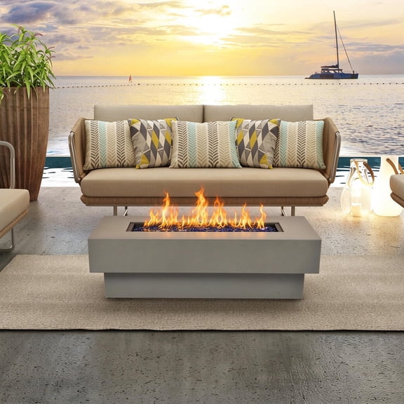 BAIDE HOME 48'' Steel Low Profile Fire Table, 50,000 BTU Modern Propane Gas Fire Pit Table with Lid, Glass Rocks, Cover, Pre-attached 10ft Propane Hose, Fint Gray