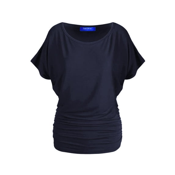 BAIEBLEUE GLOBAL 2201 Women's Solid Short Sleeve Boat Neck Dolman Top with Side Shirring Navy S