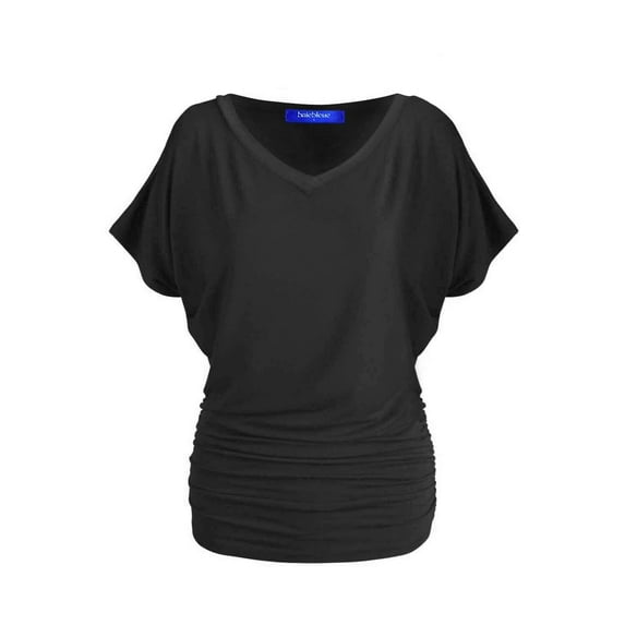 BAIEBLEUE GLOBAL 2204 Women's Solid Short Sleeve V Neck Dolman Top with Side Shirring Black 3X