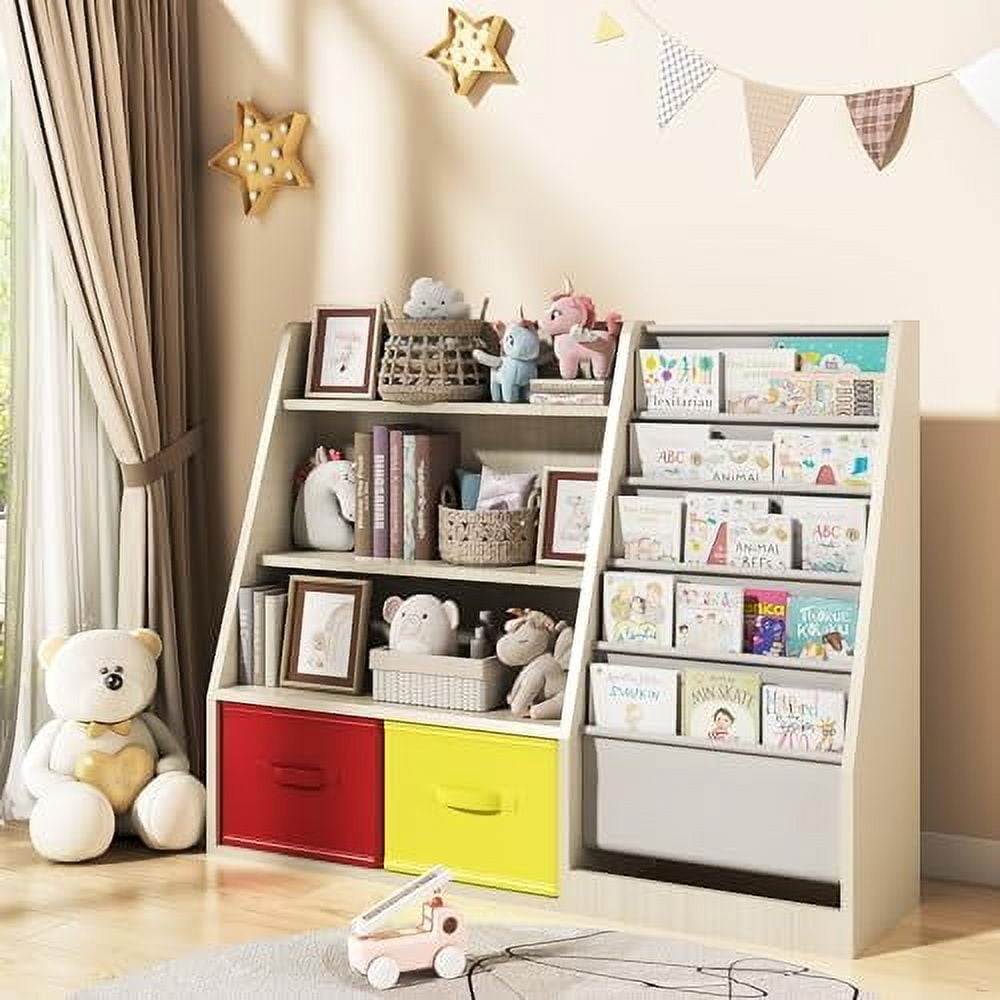 4 Tier Kids Wooden Bookshelf,5 Layer Sling Children Bookcase with 2 ...