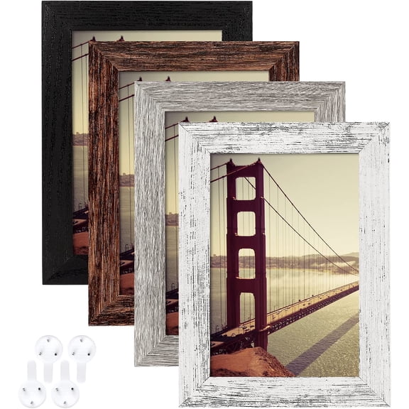 BAIJIALI 4x6 Picture Frame Distressed Farmhouse Wood Pattern Set of 4,Display 3.5x5 with Mat or Without Mat,Multicolour