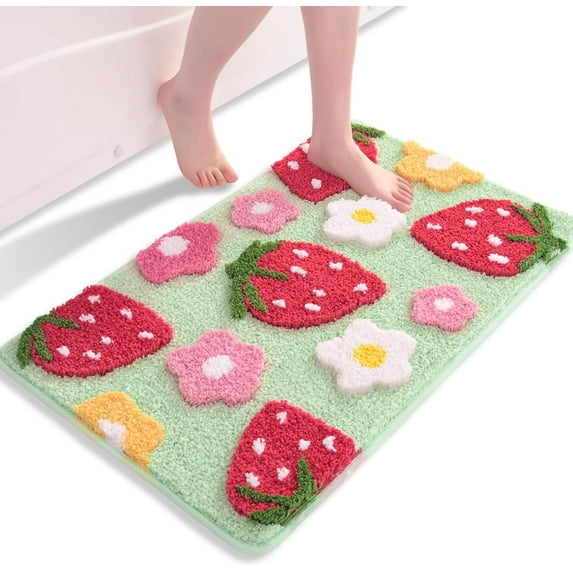 BAILU Green Bathroom Rugs Cute Strawberry Flower Bath Mat Bathroom Accessories, Funny Colorful Non Slip Floor Bath Rug Machine Washable Bathmat Soft Microfiber Carpet for Shower, Bathtub (20x32 inch)